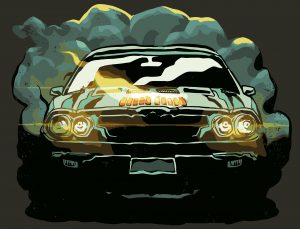 Artwork of a car with headlights and exhaust